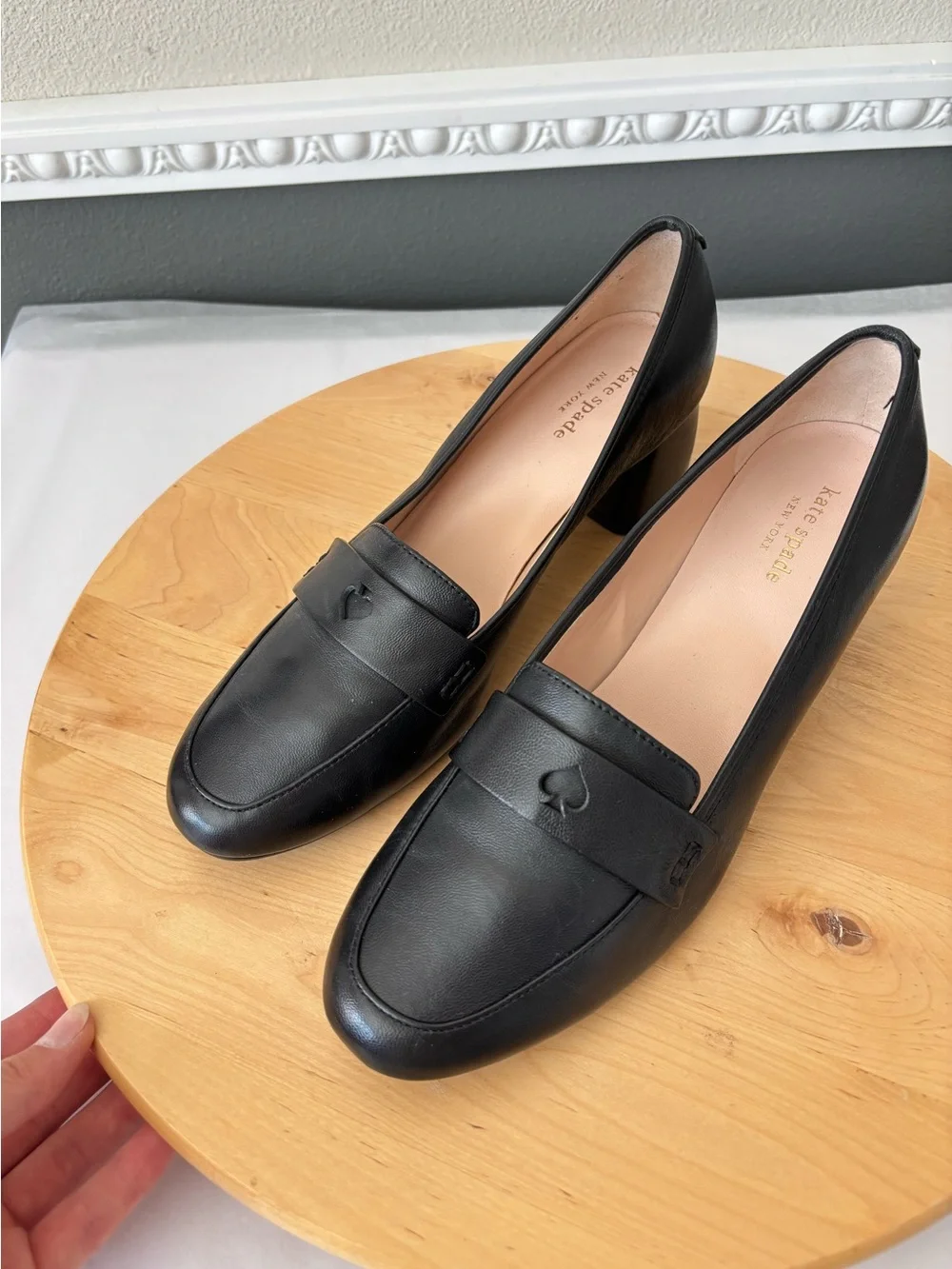Kate Spade Black Italian Nappa Leather Block Heel Penny Loafers Size 7